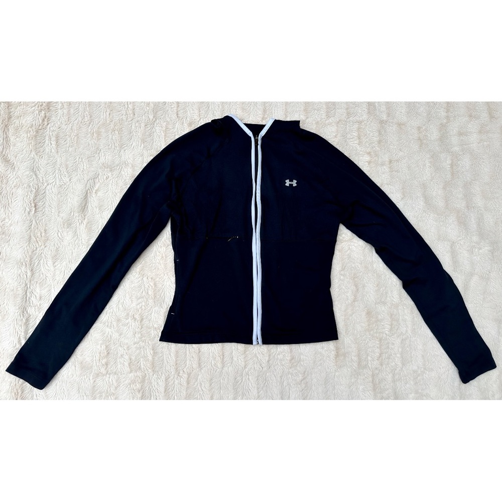 Under Armour black fitted hooded full zip athletic jacket with white trim
